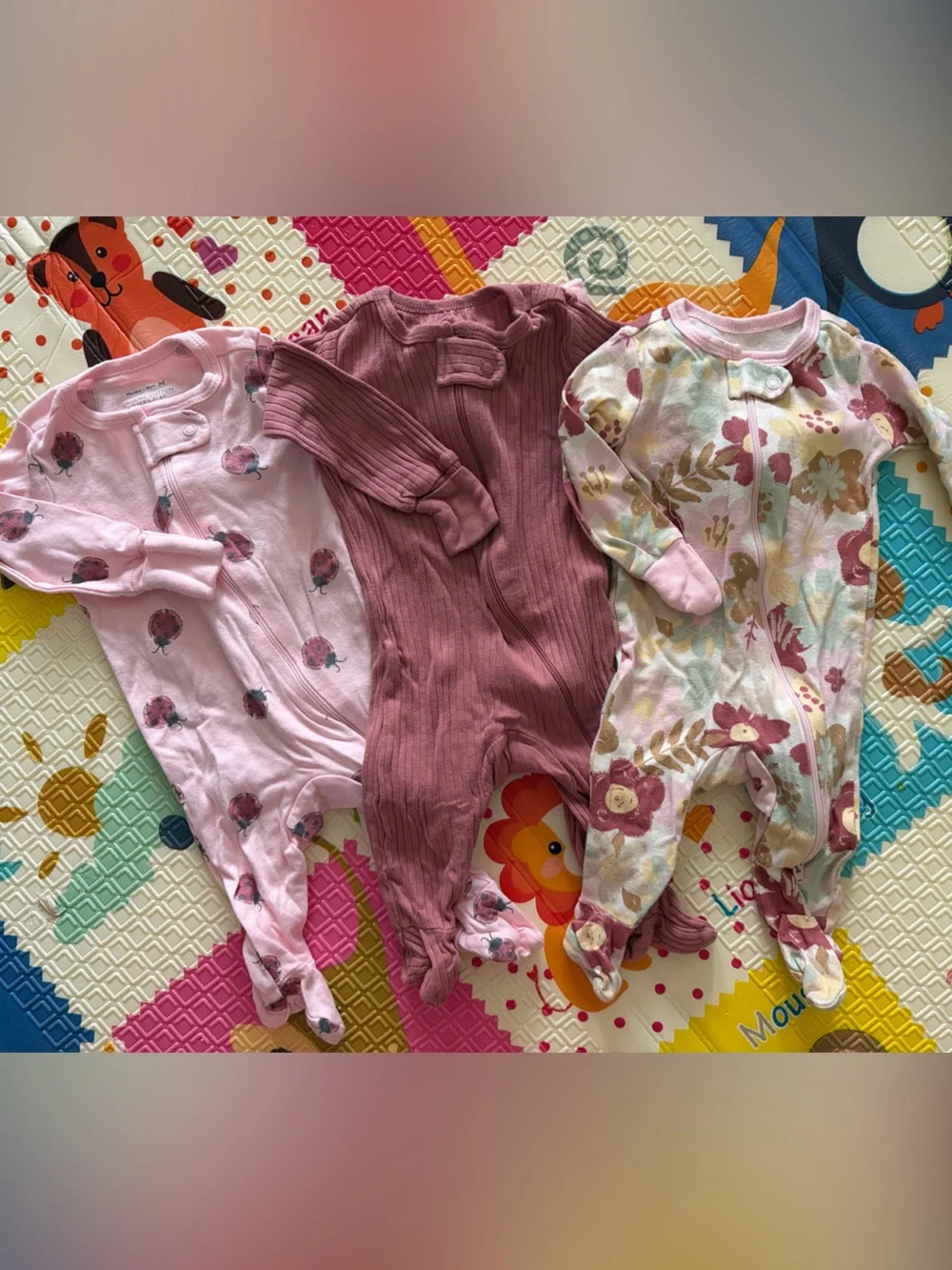 Organic Cotton Baby Girls Pink Floral & Mauve One-Piece Sleepers - 3-Pack